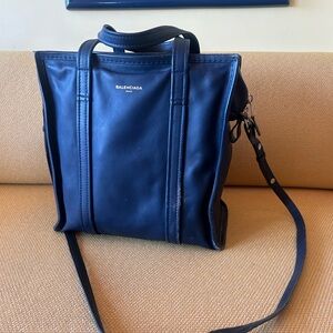 BALENCIAGA Bazaar Shopper S 2Way Tote Bag Leather Navy EXC
